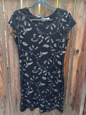 90s Merona Black Mini Dress with White Floral Vine Print